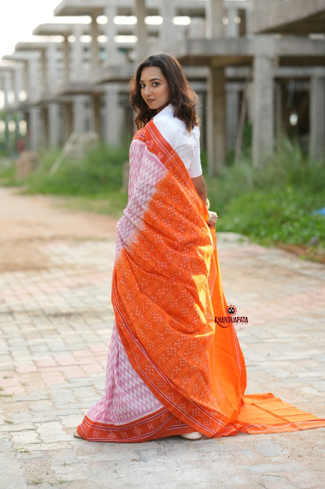 khanduapata Orange & Pink Border Pasapali Design Cotton Saree For Women - Distacart