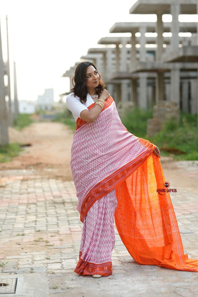 khanduapata Orange & Pink Border Pasapali Design Cotton Saree For Women - Distacart