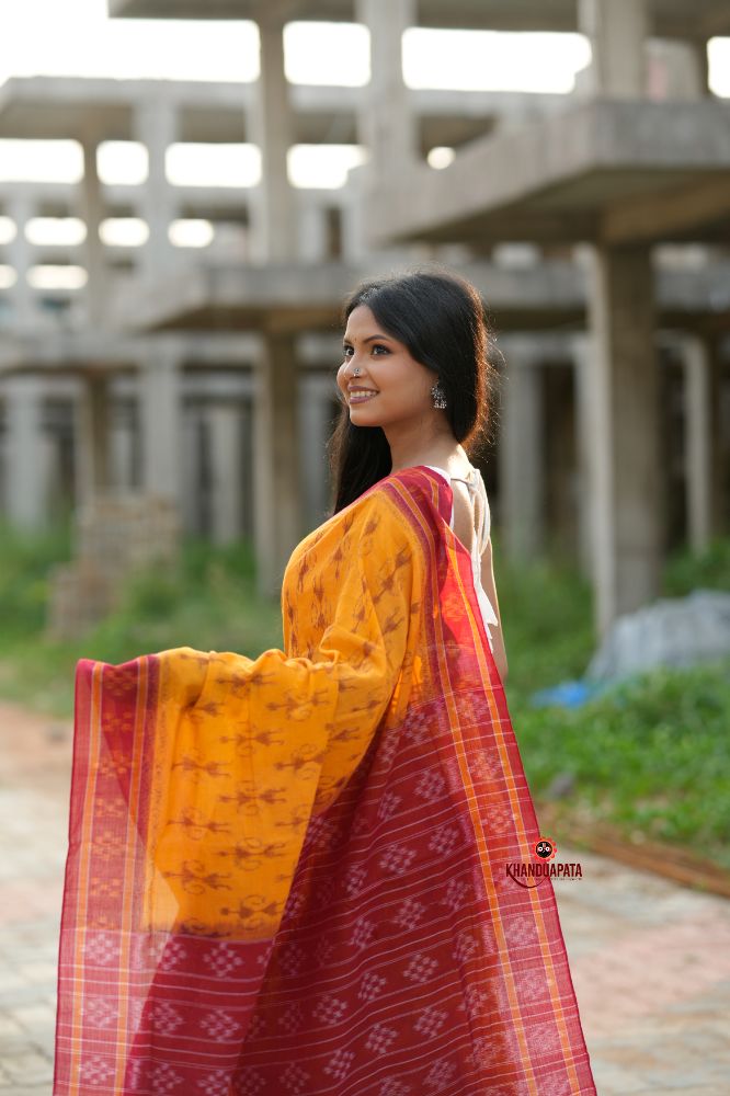 khanduapata Red & Yellow Doll Design Cotton Saree For Women - Distacart