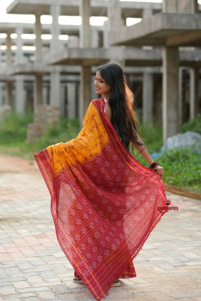 khanduapata Red & Yellow Doll Design Cotton Saree For Women - Distacart