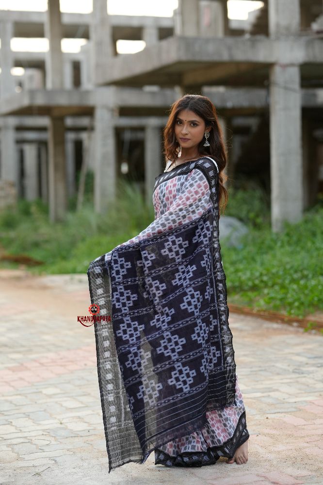 khanduapata White & Black Multi Colour Box Design Cotton Saree For Women - Distacart