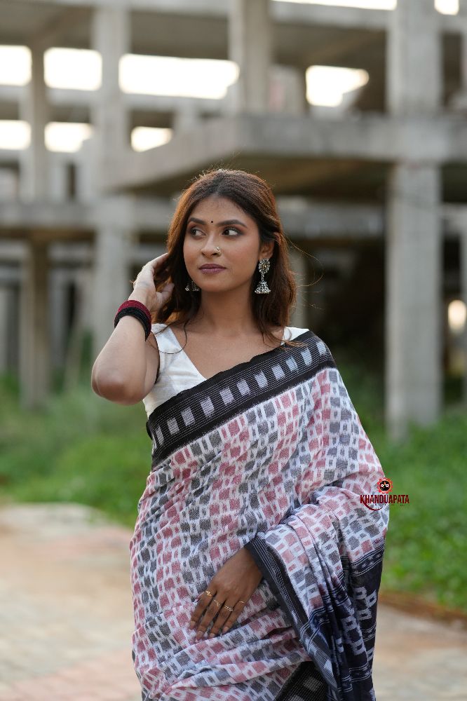 khanduapata White & Black Multi Colour Box Design Cotton Saree For Women - Distacart