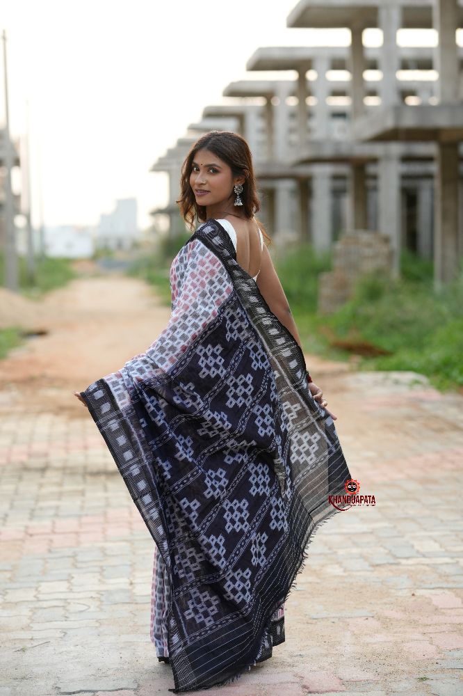 khanduapata White & Black Multi Colour Box Design Cotton Saree For Women - Distacart