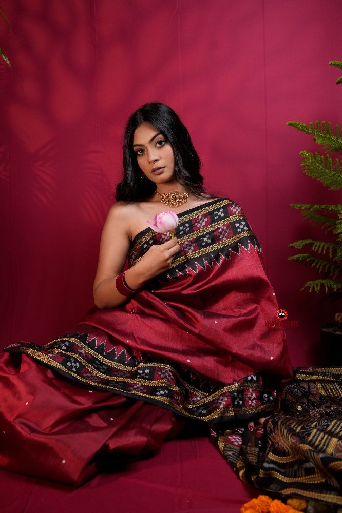 khanduapata Black & Maroon Colour Double Border Dot Design Silk Saree For Women - Distacart