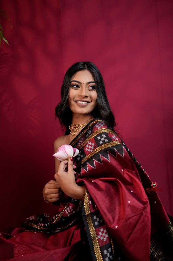 khanduapata Black & Maroon Colour Double Border Dot Design Silk Saree For Women - Distacart