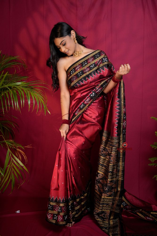khanduapata Black & Maroon Colour Double Border Dot Design Silk Saree For Women - Distacart