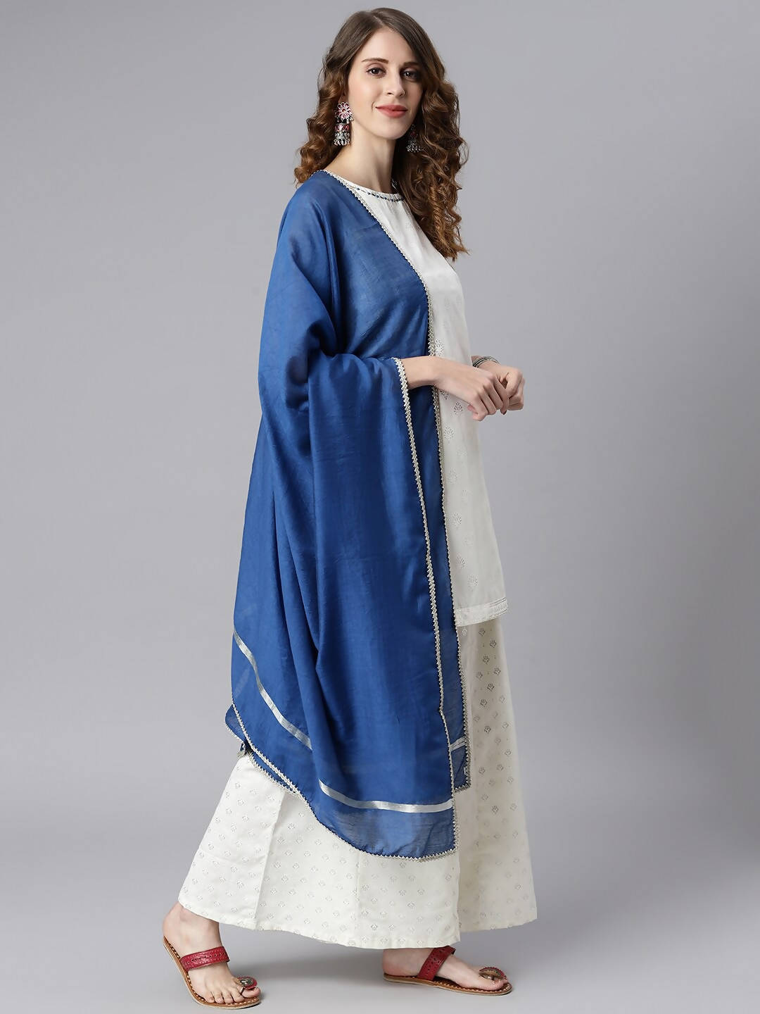 Janasya Off White & Silver Printed Kurta with Palazzos & Dupatta - Distacart