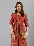 Red Cotton Ethnic Motifs Aline Dress - Poonam - Distacart