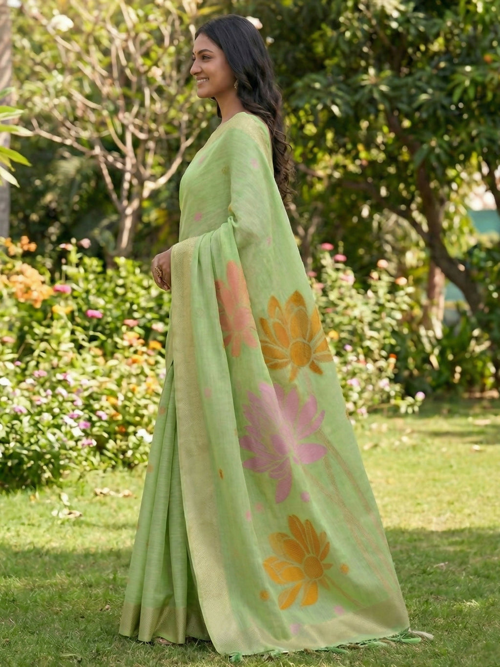Shree Shyam Fashion Green Linen Cotton Saree - Distacart
