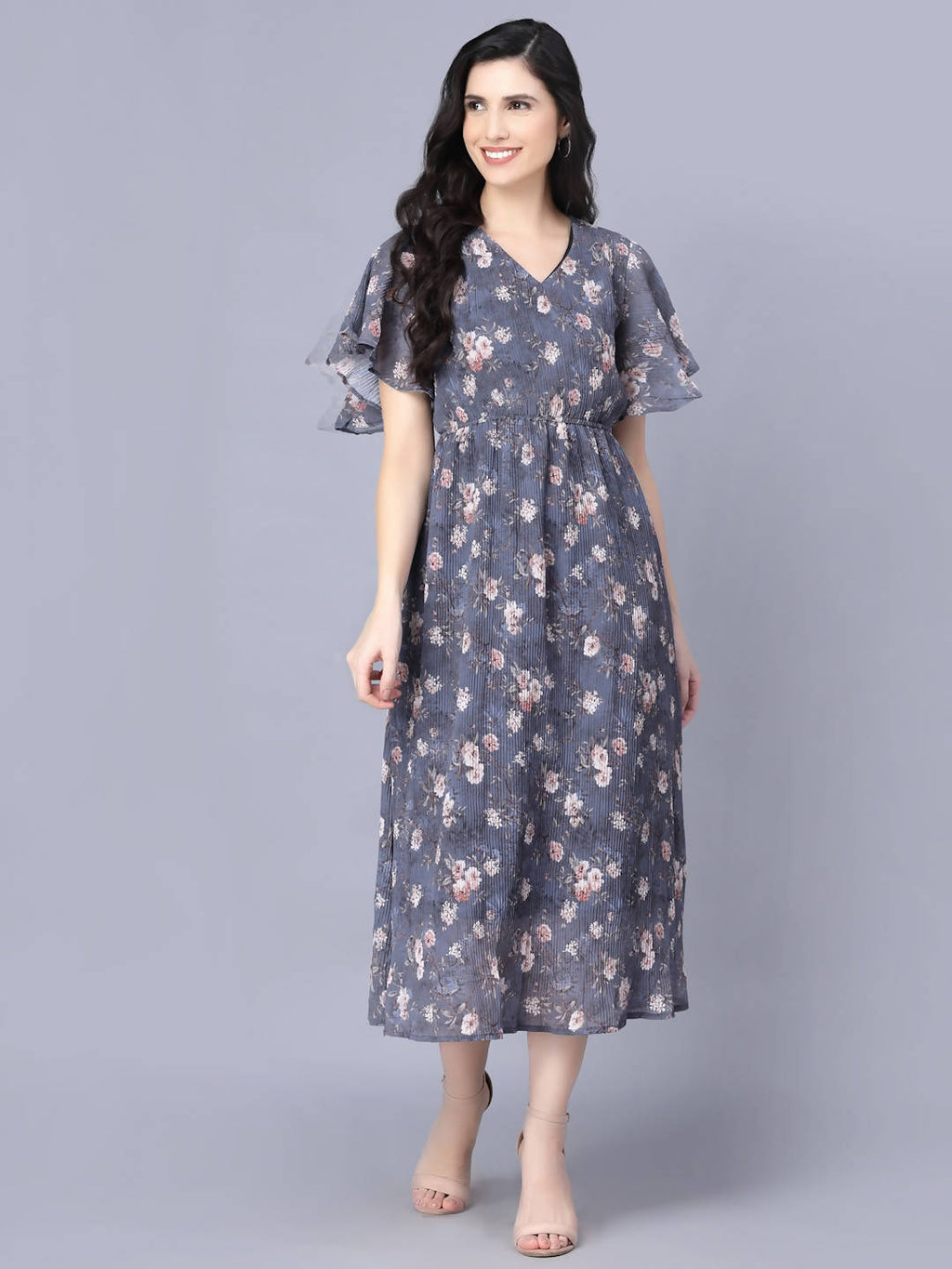 Myshka Women Grey Floral Midi Dress - Distacart