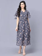 Myshka Women Grey Floral Midi Dress - Distacart