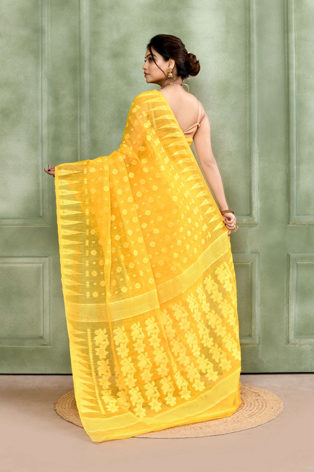 Piyari Fashion Women's Yellow Embellished Cotton Blend Jamdani Saree - Distacart