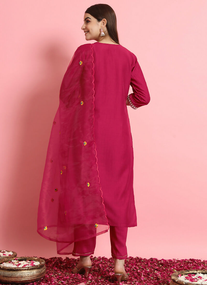 Vellora Rani Pink Embroidered Readymade Suit in Silk Blend for Daily Wear