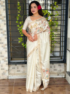 Evanik Off White Tussar Cotton With Hand Mirror Work Saree With Unstitched Blouse - Distacart