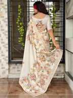 Evanik Off White Tussar Cotton With Hand Mirror Work Saree With Unstitched Blouse - Distacart