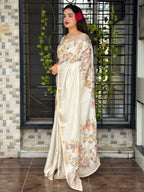 Evanik Off White Tussar Cotton With Hand Mirror Work Saree With Unstitched Blouse - Distacart