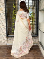 Evanik Off White Tussar Cotton With Hand Mirror Work Saree With Unstitched Blouse - Distacart