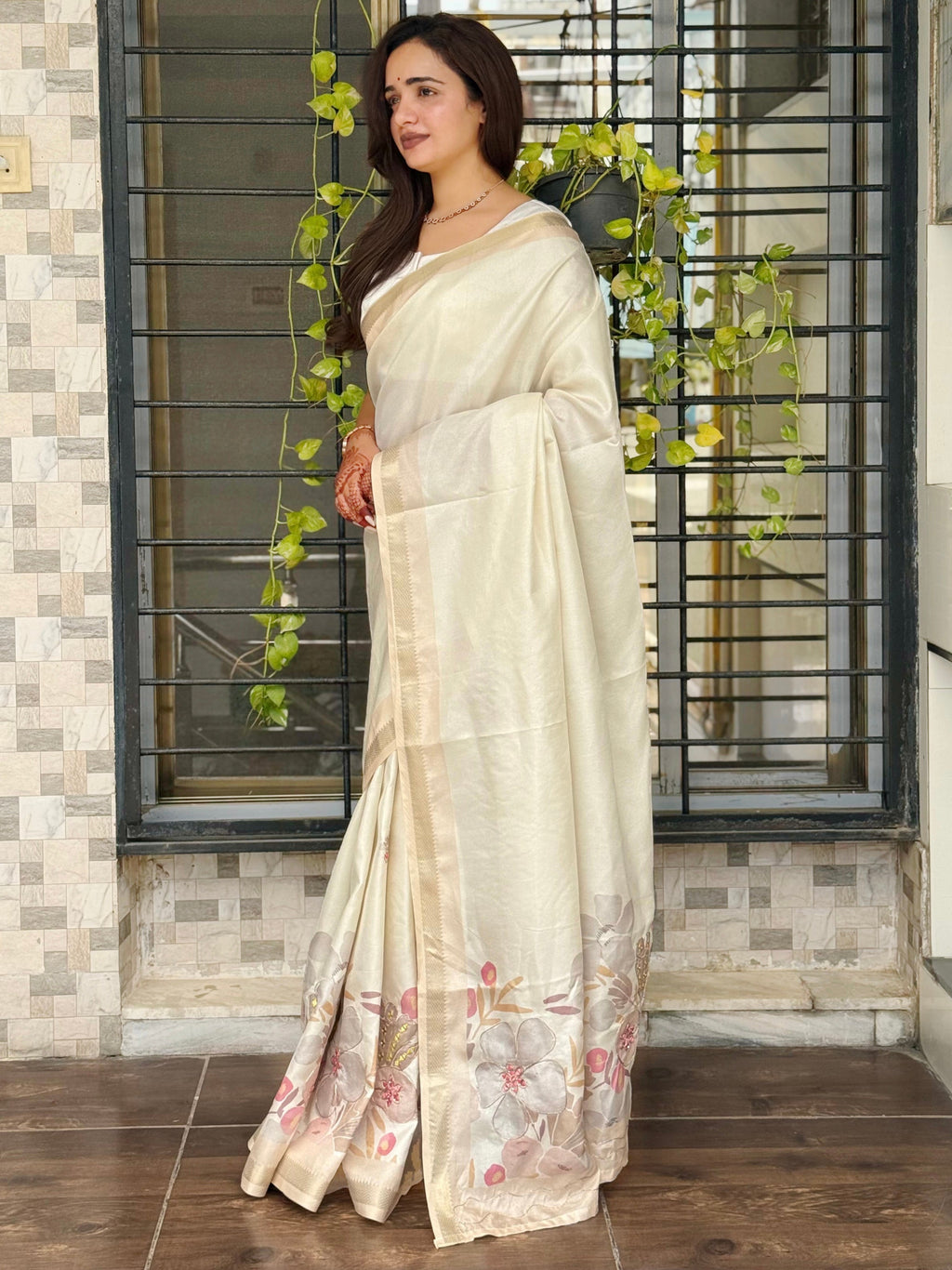 Evanik Off White Tussar Cotton With Hand Mirror Work Saree With Unstitched Blouse - Distacart