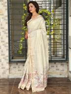 Evanik Off White Tussar Cotton With Hand Mirror Work Saree With Unstitched Blouse - Distacart