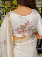 Evanik Off White Tussar Cotton With Hand Mirror Work Saree With Unstitched Blouse - Distacart