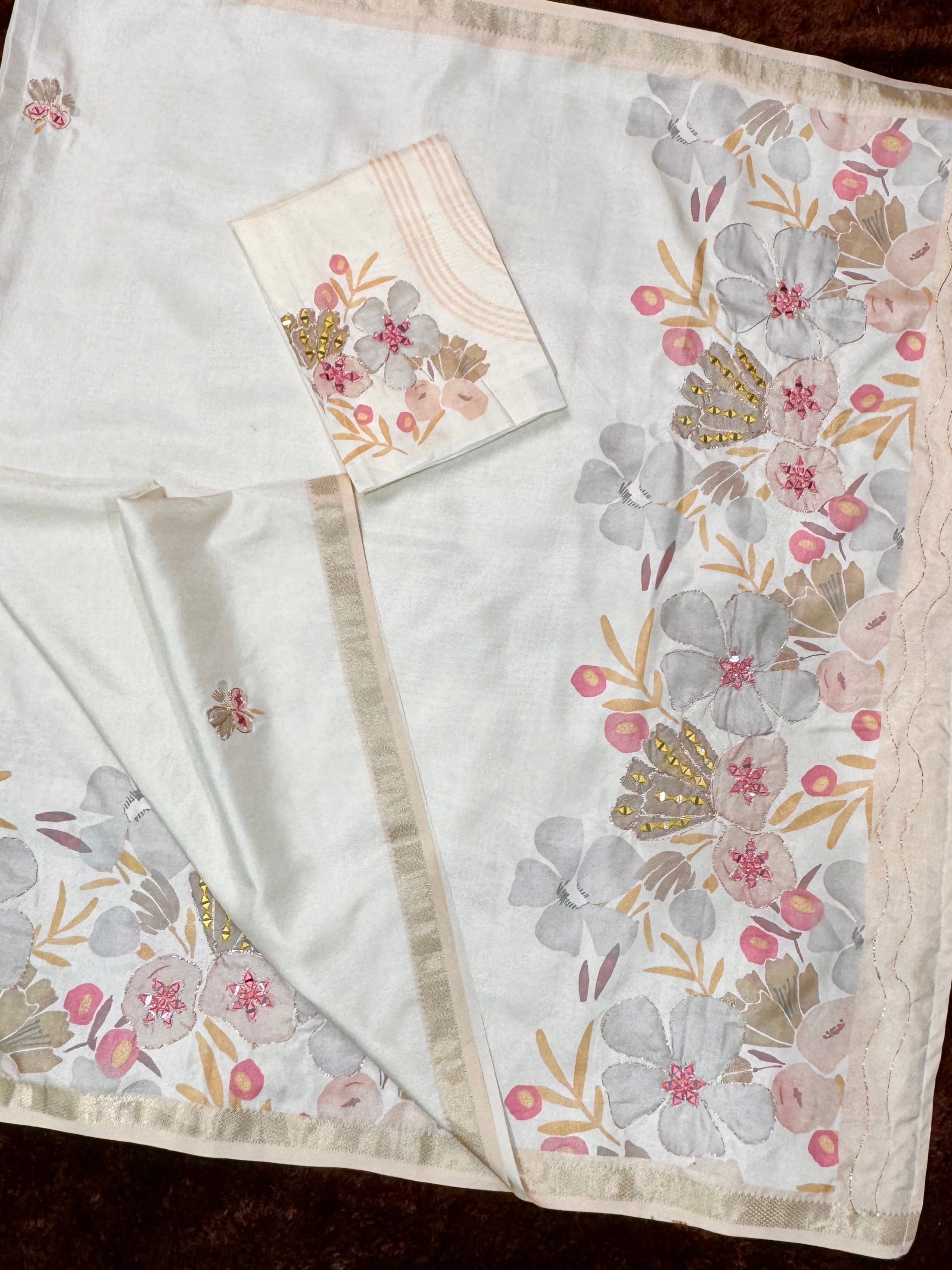 Evanik Off White Tussar Cotton With Hand Mirror Work Saree With Unstitched Blouse - Distacart
