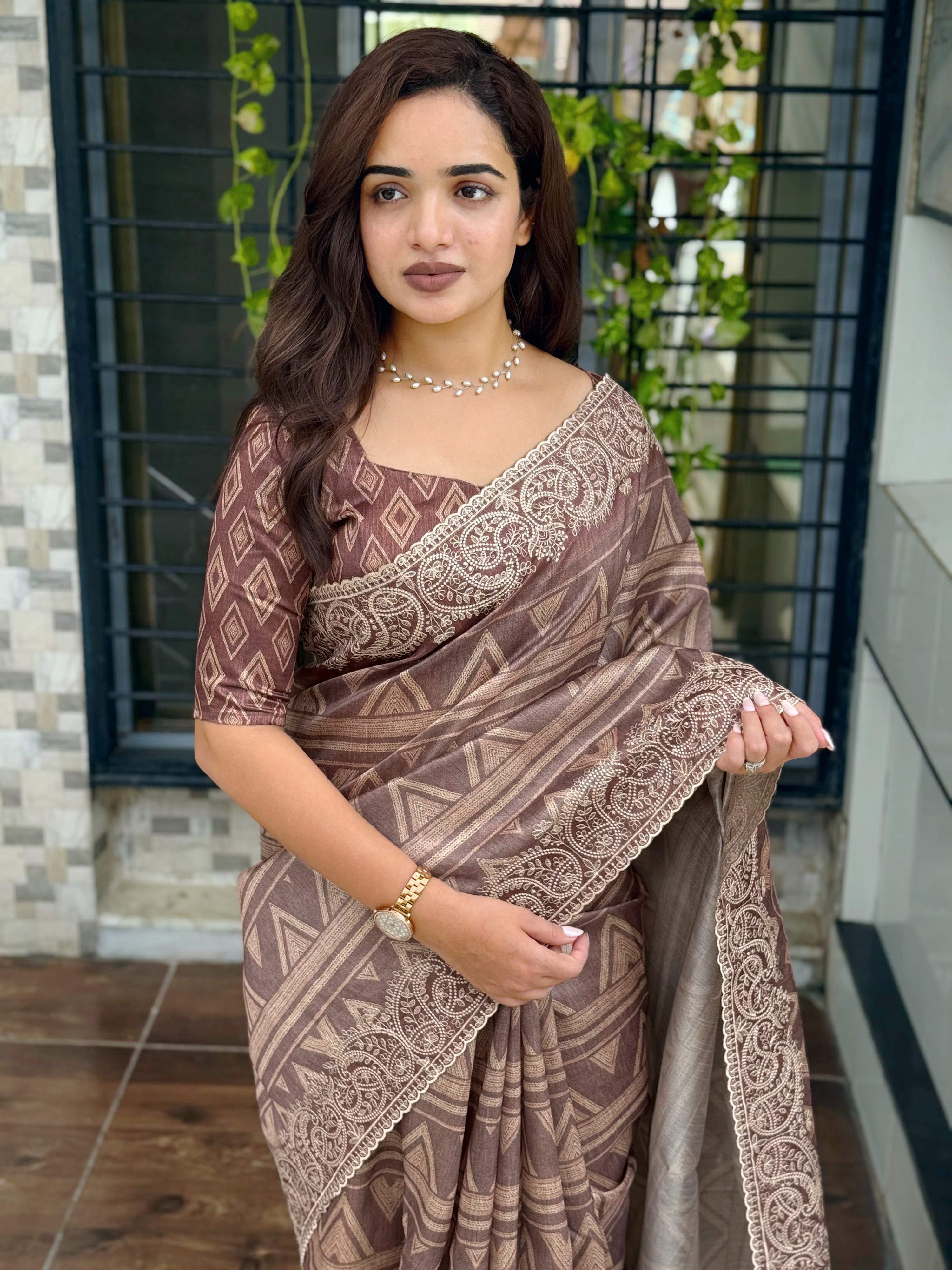 Evanik Brown Kashmiri Style Digital Printed Saree With Unstitched Blouse - Distacart