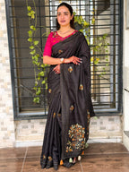 Evanik Black Kashmiri Style Thread Embroidered Work Saree With Unstitched Blouse - Distacart