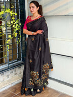 Evanik Black Kashmiri Style Thread Embroidered Work Saree With Unstitched Blouse - Distacart