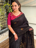Evanik Black Kashmiri Style Thread Embroidered Work Saree With Unstitched Blouse - Distacart