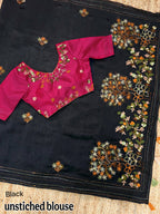 Evanik Black Kashmiri Style Thread Embroidered Work Saree With Unstitched Blouse - Distacart
