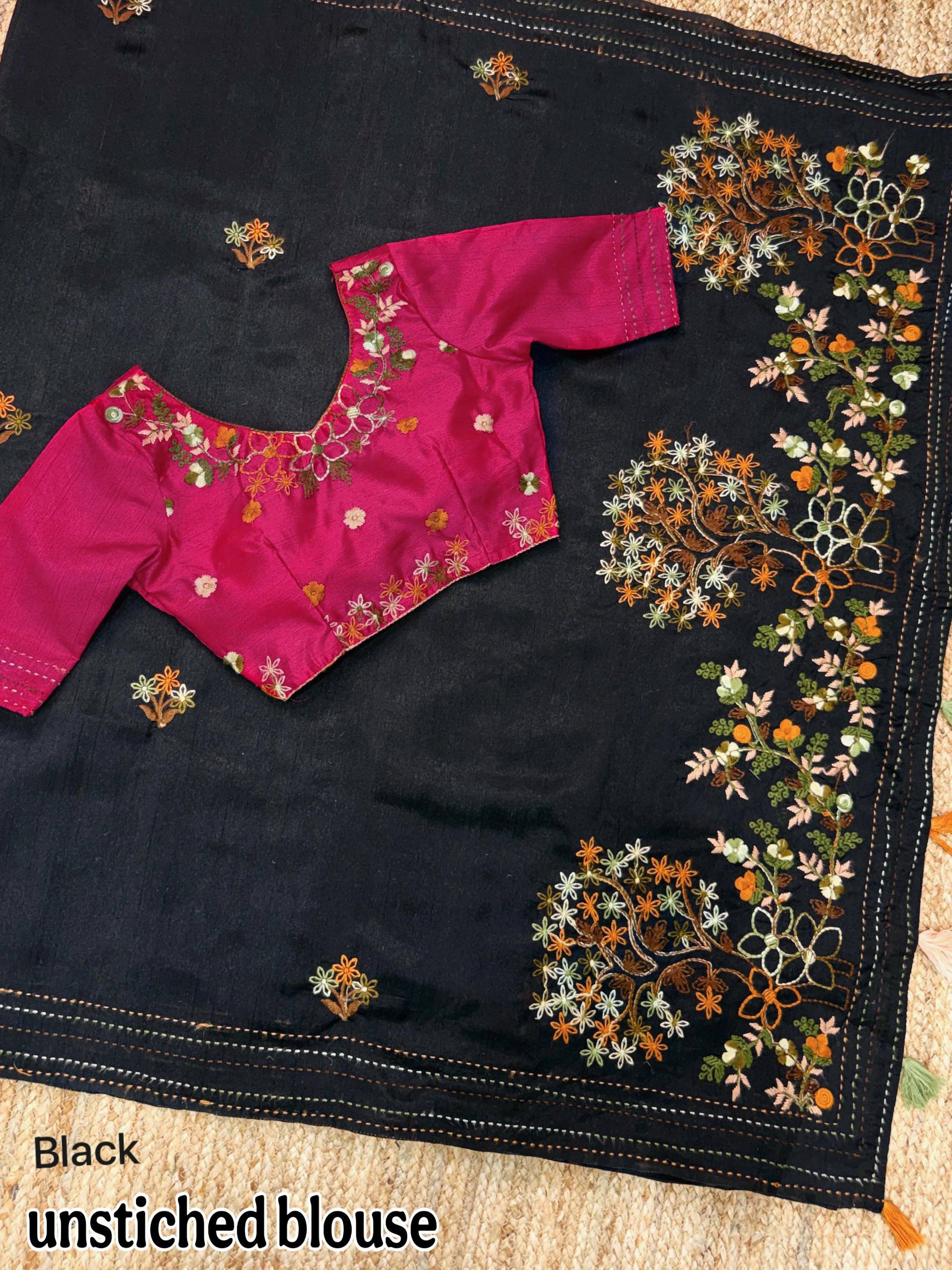 Evanik Black Kashmiri Style Thread Embroidered Work Saree With Unstitched Blouse - Distacart