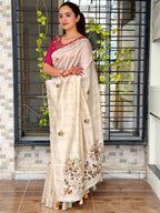Evanik Cream Kashmiri Style Thread Embroidered Work Saree With Unstitched Blouse - Distacart