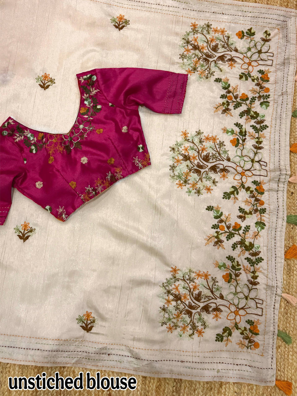 Evanik Cream Kashmiri Style Thread Embroidered Work Saree With Unstitched Blouse - Distacart