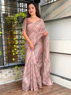 Evanik Designer Onion Pink Printed With Thread Kantha Work Saree With Blouse - Distacart