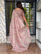 Evanik Designer Onion Pink Printed With Thread Kantha Work Saree With Blouse - Distacart