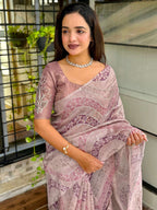Evanik Designer Onion Pink Printed With Thread Kantha Work Saree With Blouse - Distacart
