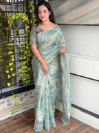 Evanik Designer Skyblue Printed With Thread Kantha Work Saree With Blouse - Distacart