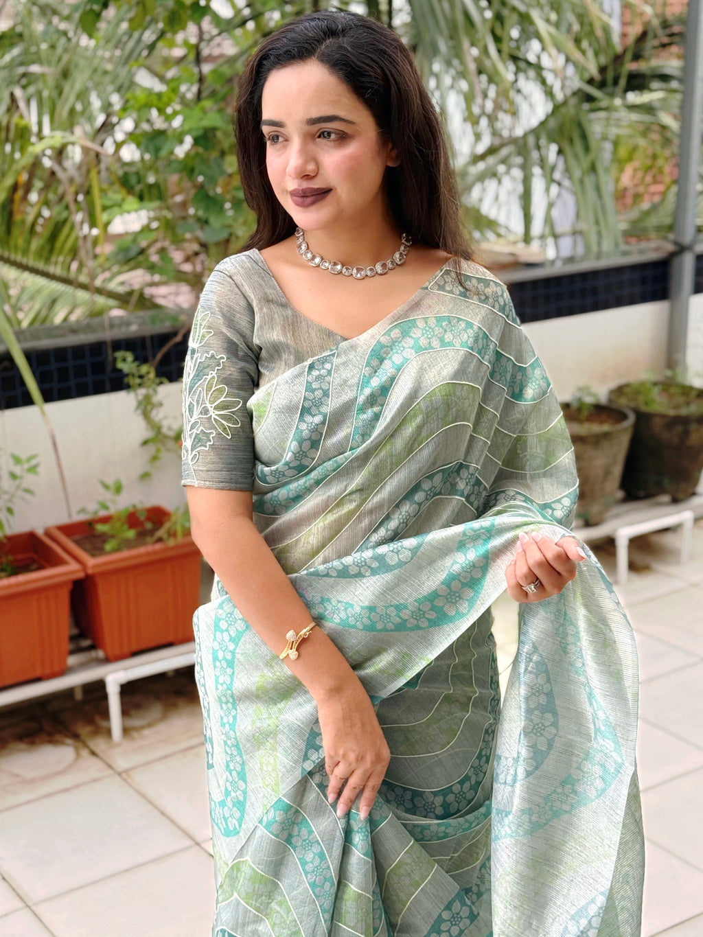 Evanik Designer Skyblue Printed With Thread Kantha Work Saree With Blouse - Distacart