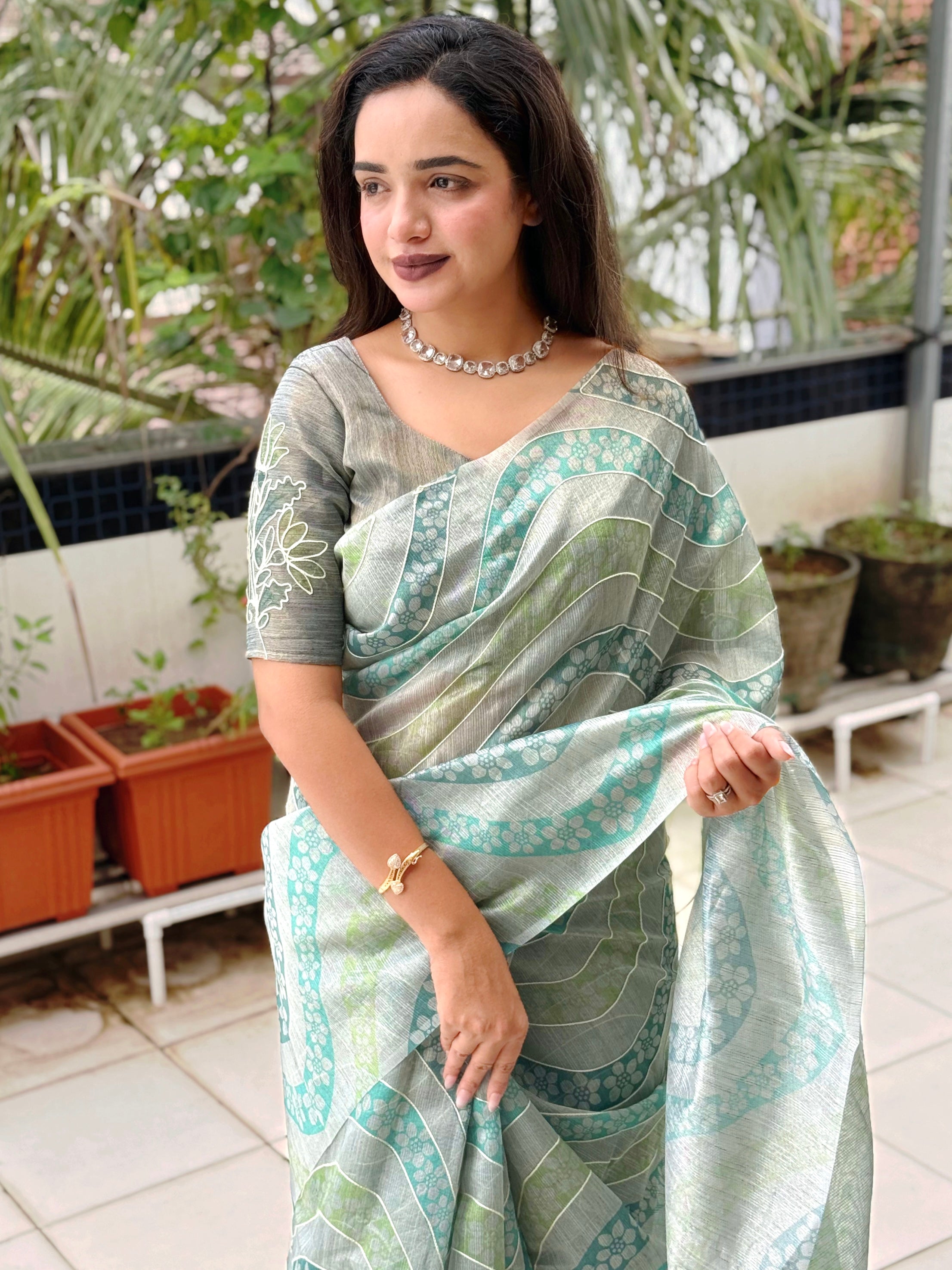 Evanik Designer Skyblue Printed With Thread Kantha Work Saree With Blouse - Distacart