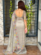 Evanik Grey Sufi Silk Crush With thread & Beads Work Party Wear Saree With Blouse - Distacart