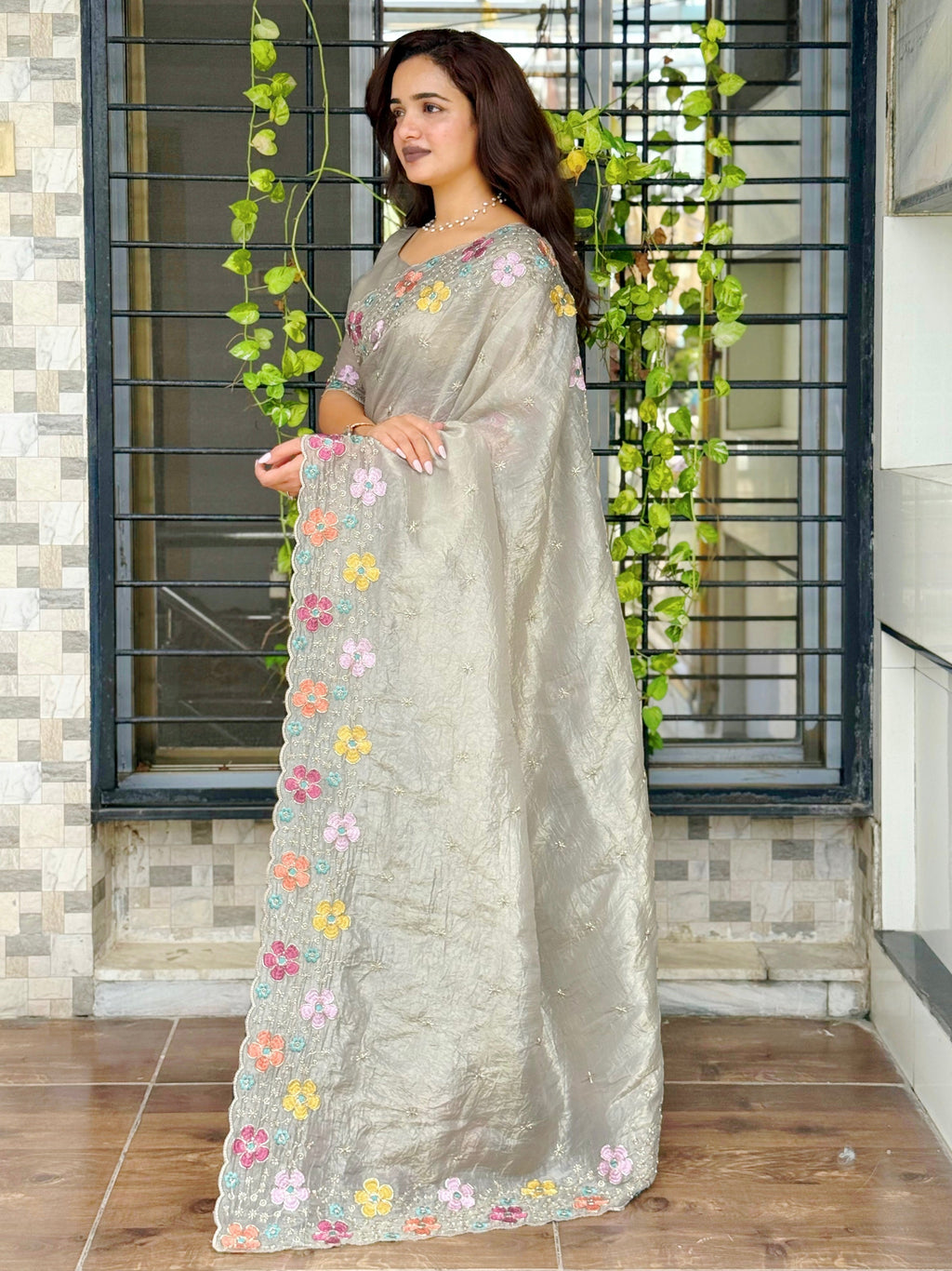 Evanik Grey Sufi Silk Crush With thread & Beads Work Party Wear Saree With Blouse - Distacart
