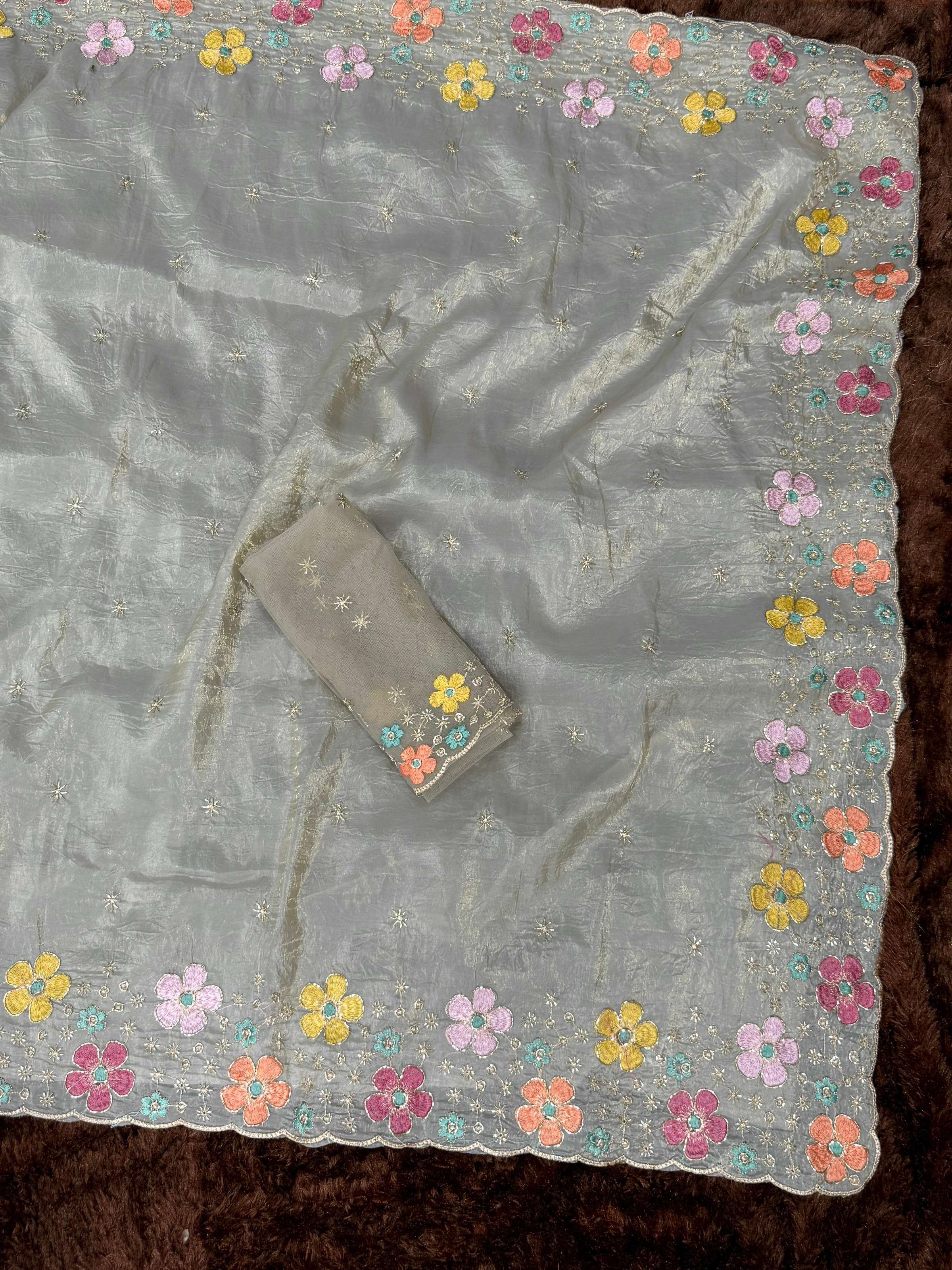 Evanik Grey Sufi Silk Crush With thread & Beads Work Party Wear Saree With Blouse - Distacart