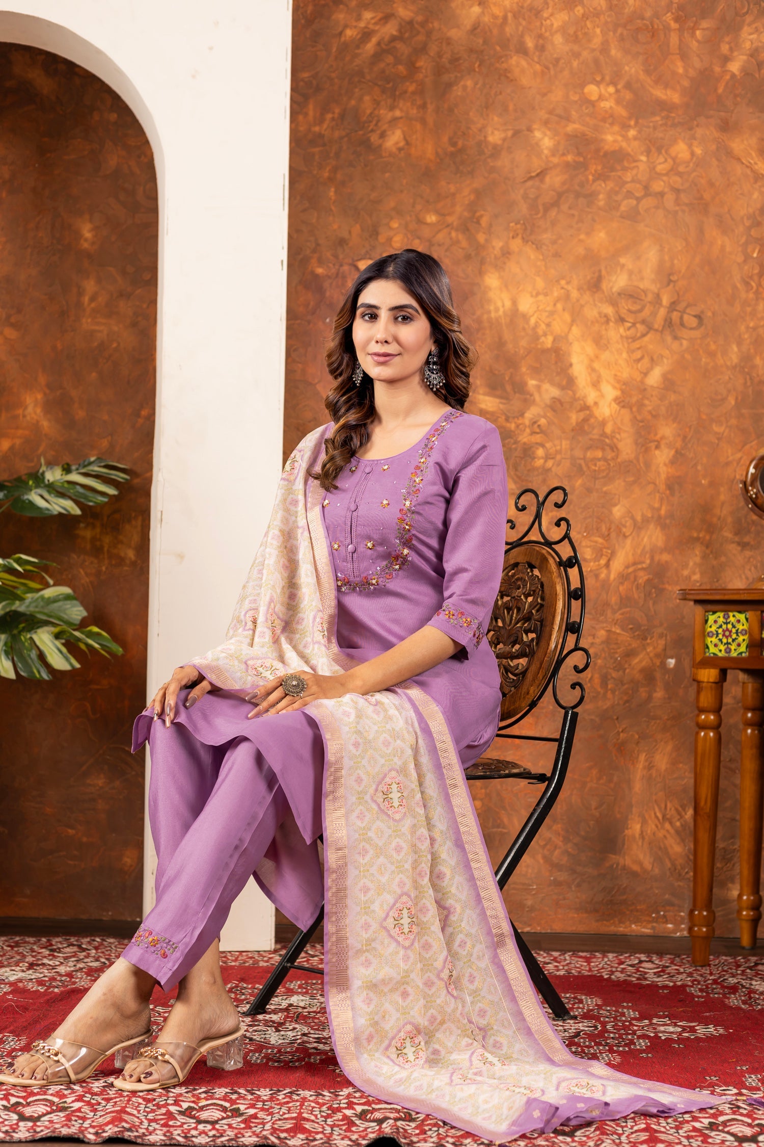 Lorenvalley Fashion Lavender Marina Silk Multi Embroidery Thread with Hand work Kurta Pant Dupatta - Distacart