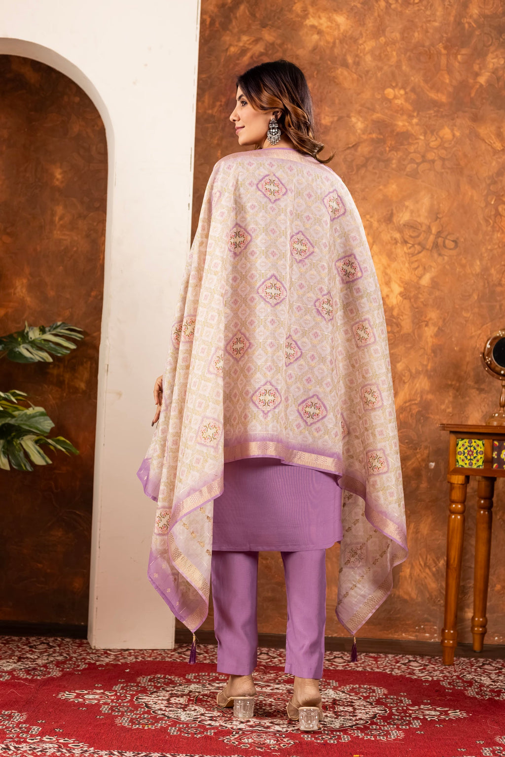 Lorenvalley Fashion Lavender Marina Silk Multi Embroidery Thread with Hand work Kurta Pant Dupatta - Distacart