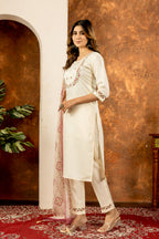 Lorenvalley Fashion Offwhite Marina Silk Multi Embroidery Thread with Hand work Kurta Pant Dupatta - Distacart