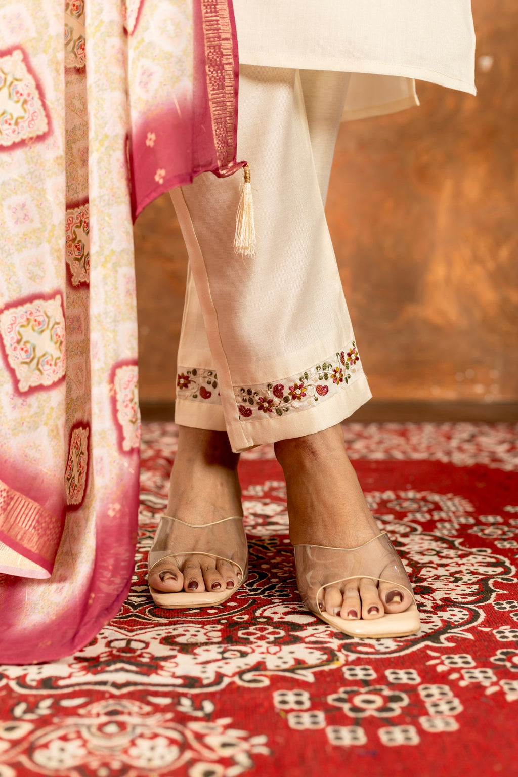 Lorenvalley Fashion Offwhite Marina Silk Multi Embroidery Thread with Hand work Kurta Pant Dupatta - Distacart