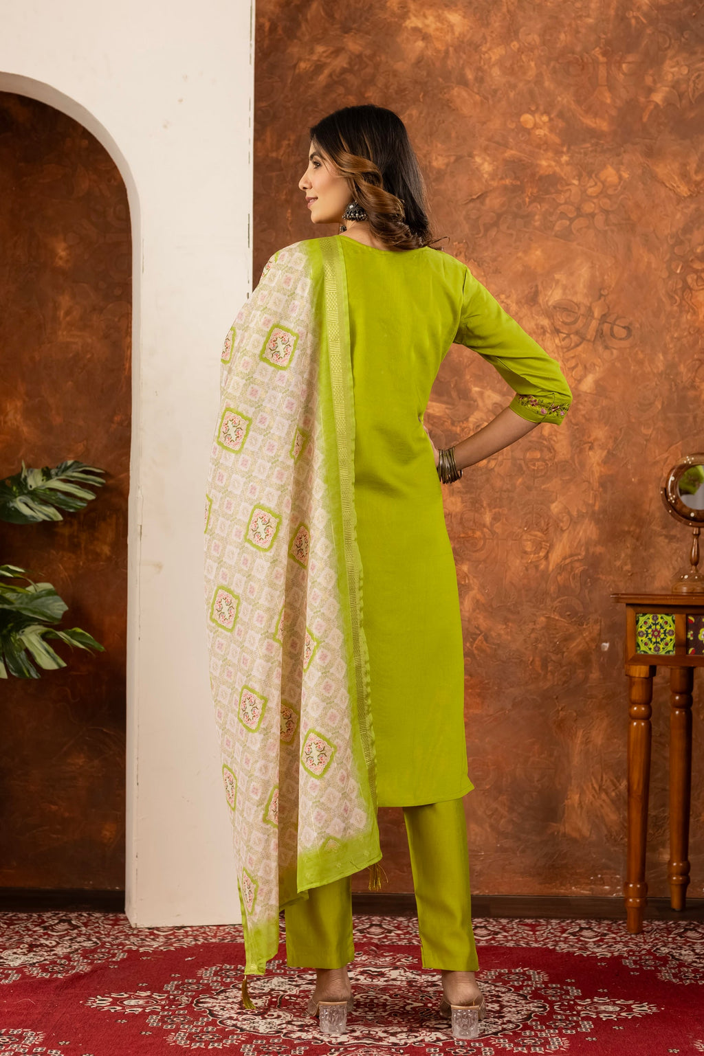 Lorenvalley Fashion Parrotgreen Marina Silk Multi Embroidery Thread with Hand work Kurta Pant Dupatta - Distacart