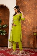 Lorenvalley Fashion Parrotgreen Marina Silk Multi Embroidery Thread with Hand work Kurta Pant Dupatta - Distacart