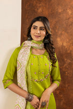 Lorenvalley Fashion Parrotgreen Marina Silk Multi Embroidery Thread with Hand work Kurta Pant Dupatta - Distacart
