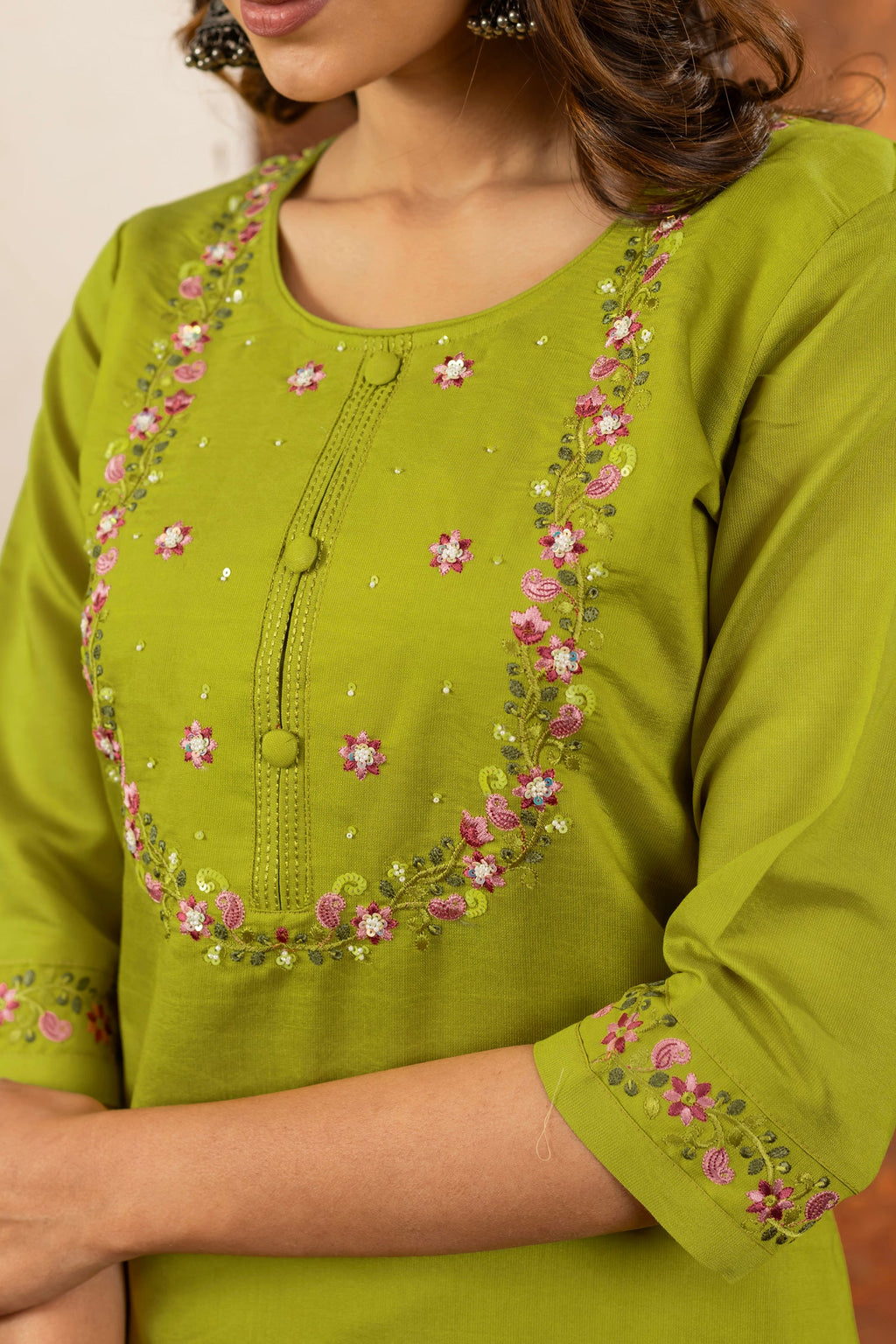 Lorenvalley Fashion Parrotgreen Marina Silk Multi Embroidery Thread with Hand work Kurta Pant Dupatta - Distacart